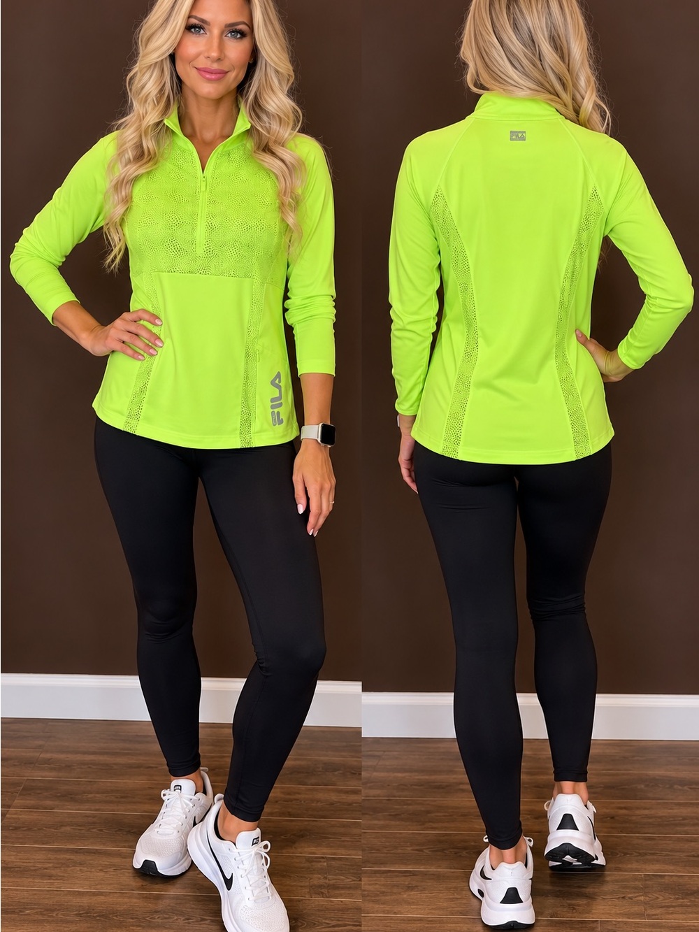 16573 FILA Sport Women’s Run1/4 Zip Pullover Size L Neon Yellow Green Long sleev